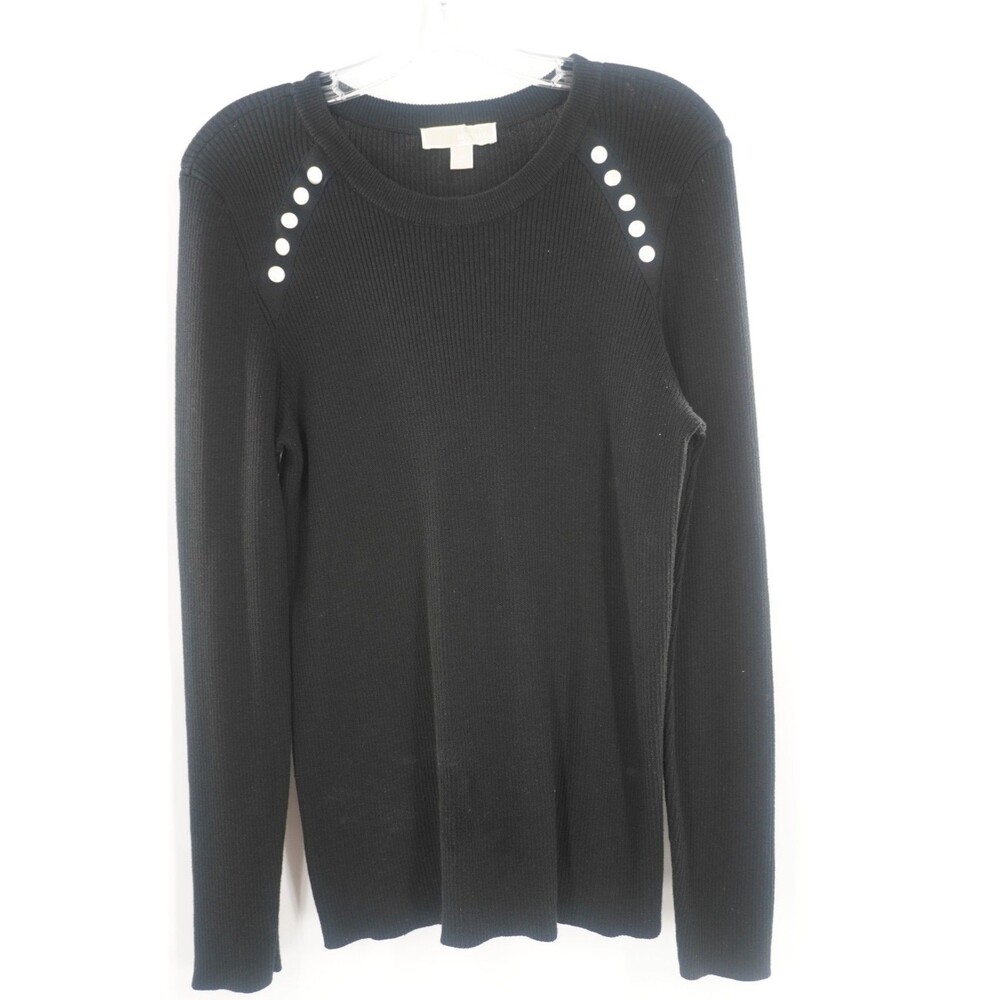Michael Kors Black Ribbed Knit Sweater w/ Pearlized Buttons Long Sleeve Size XL